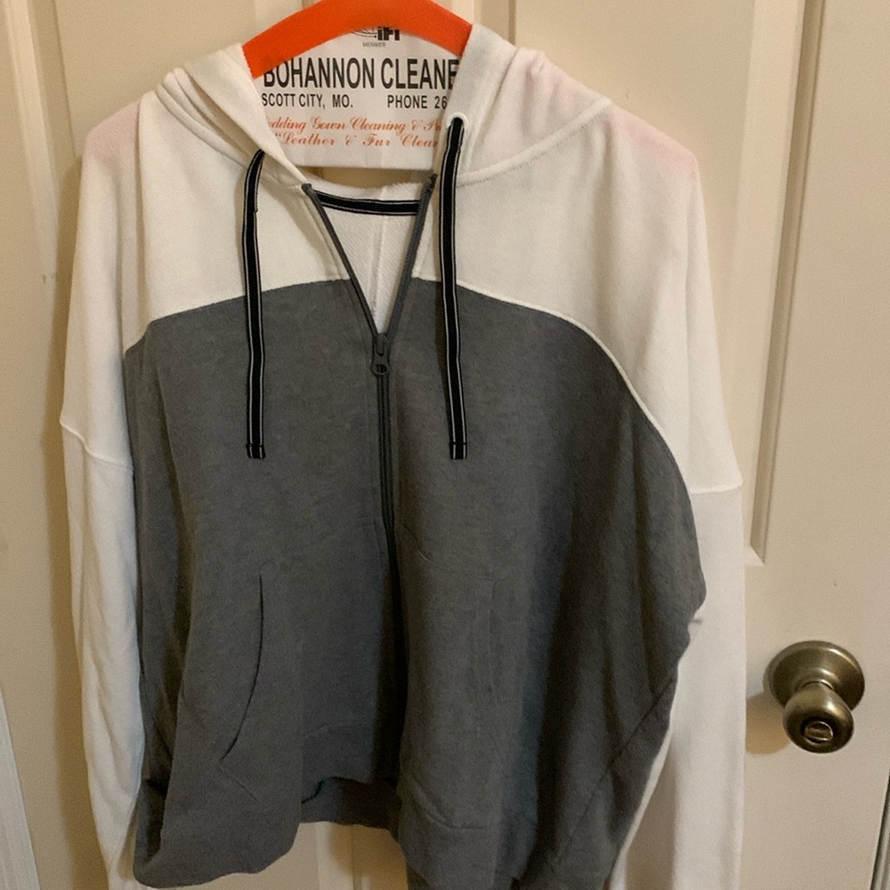 Gray and white hoodie.